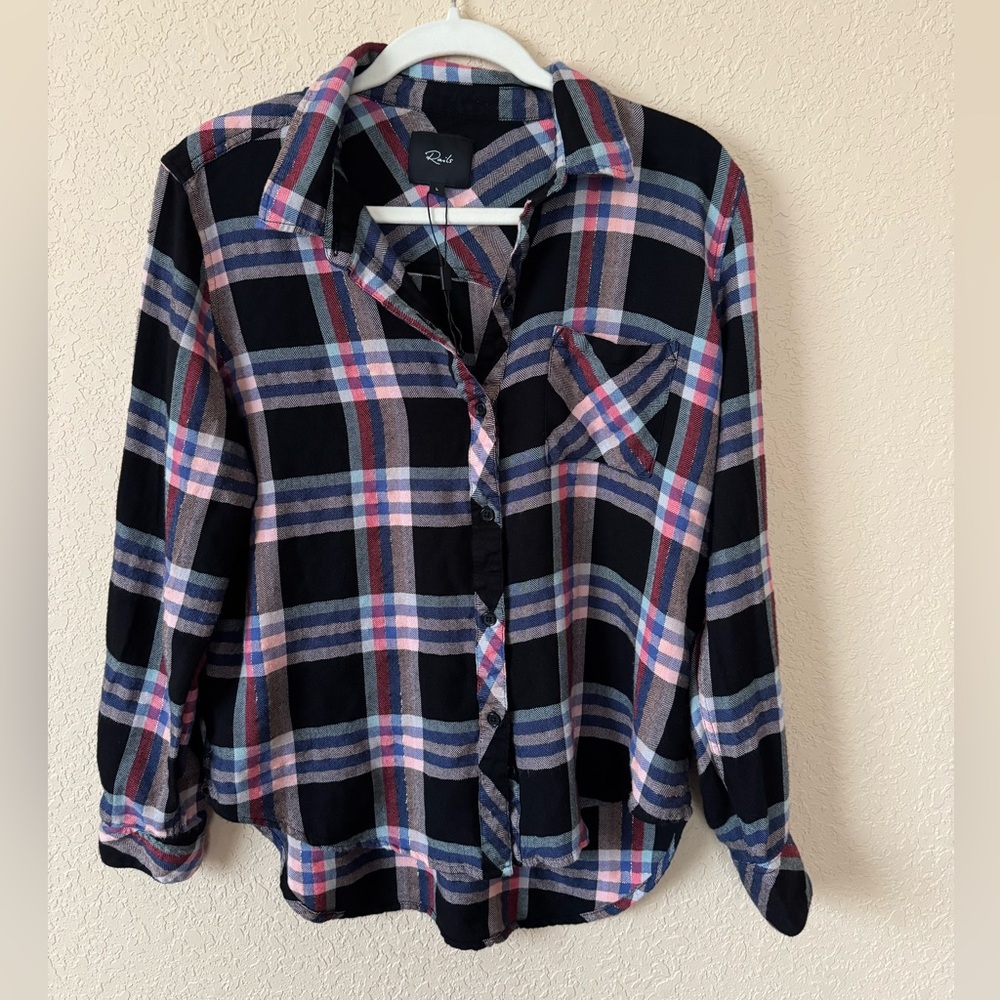 Rails Black Plaid Button-Down Shirt with Pink and Blue